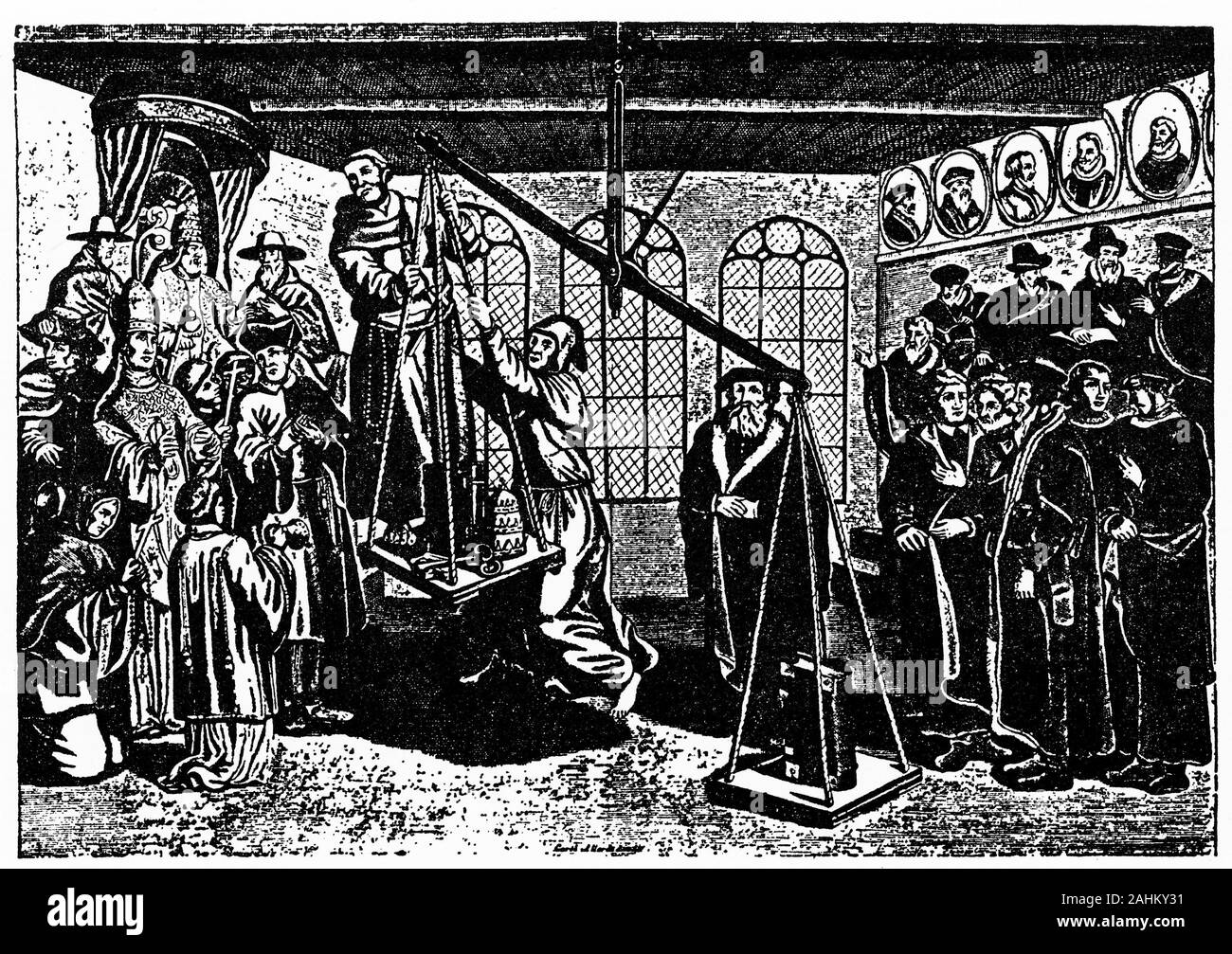 Engraving of a cartoon from 16th Century Europe highlighting the differences between Cathvinists and Catholics. On the scale, the Word of God ouweighs the traditions fo men. Stock Photo