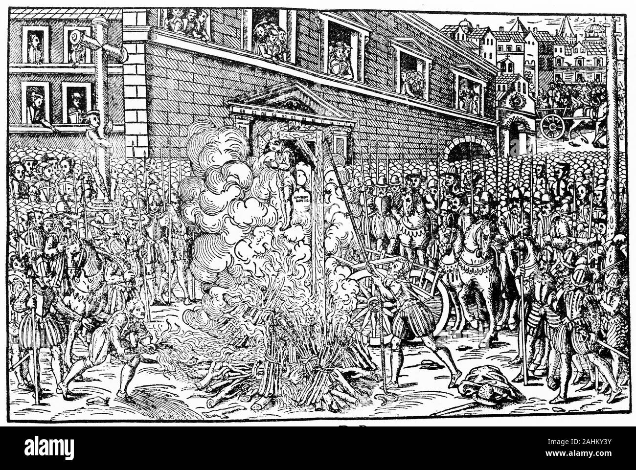 Engraving of the Protestant magistrate Anne du Bourg (1521-1559) being tortured and hanged by the Catholics in the place Saint-Jean en Greve, Paris, 21.12.1559. du Bourg was a French magistrate and nephew of the chancellor Antoine du Bourg. Stock Photo