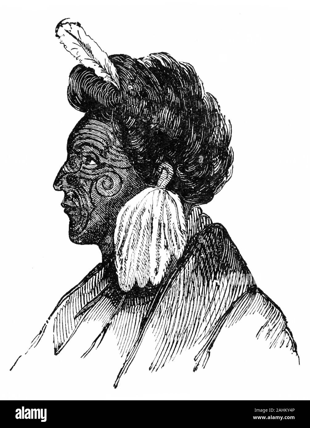 Engraved portrait of Te Rauparaha (1760s – 1849) a Māori rangatira (chief) and war leader of the Ngāti Toa tribe who took a leading part in the Musket Wars in New Zealand. He was influential in the original sale of land to the New Zealand Company and was a participant in the Wairau Affray in Marlborough. Stock Photo