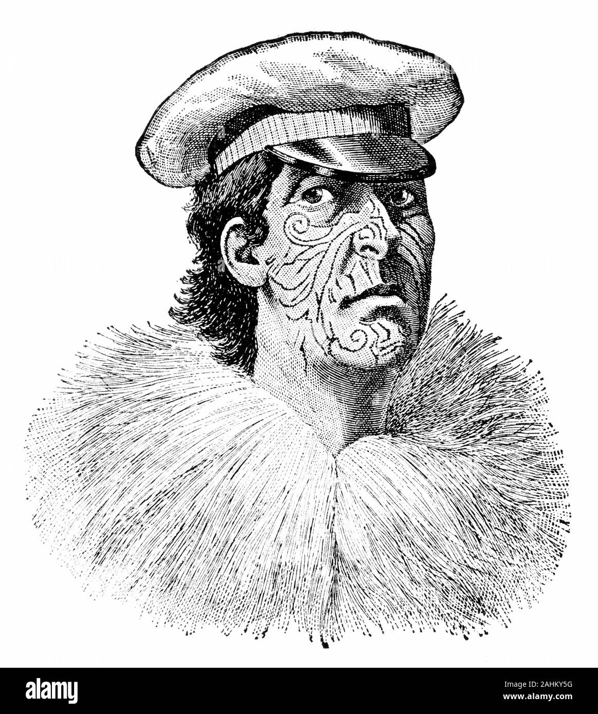 Engraved portrait of Hōne Wiremu Heke Pōkai (c. 1807/1808 – 1850), born Heke Pōkai and later often referred to as Hōne Heke, a highly influential Māori rangatira (chief) of the Ngāpuhi iwi (tribe) and a war leader in the North Island of New Zealand; he is chiefly remembered for starting the Flagstaff War of 1845-46. Stock Photo