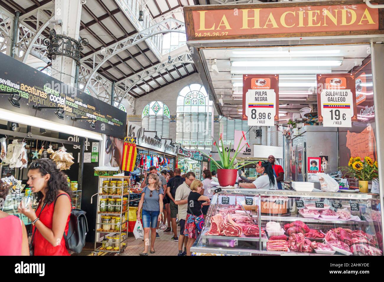 Valencia Spain Hispanic,Ciutat Vella,old city,historic district,Mercat Central,Central Market,interior inside,Valencian Art Nouveau architecture,vendo Stock Photo