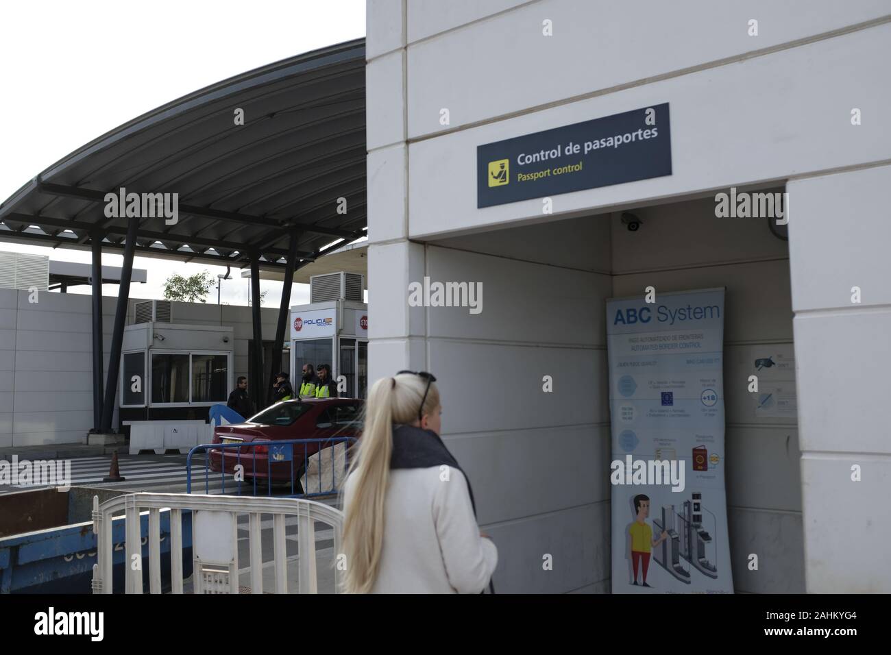 The border with Spain entering Gibraltar Stock Photo