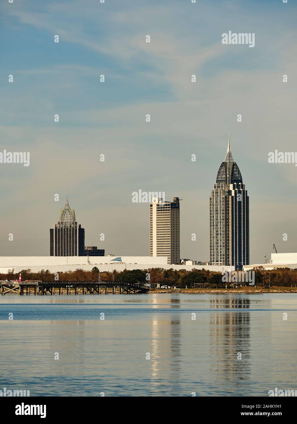 Mobile Alabama skyline with high rise buildings including Mobile Bay. Stock Photo