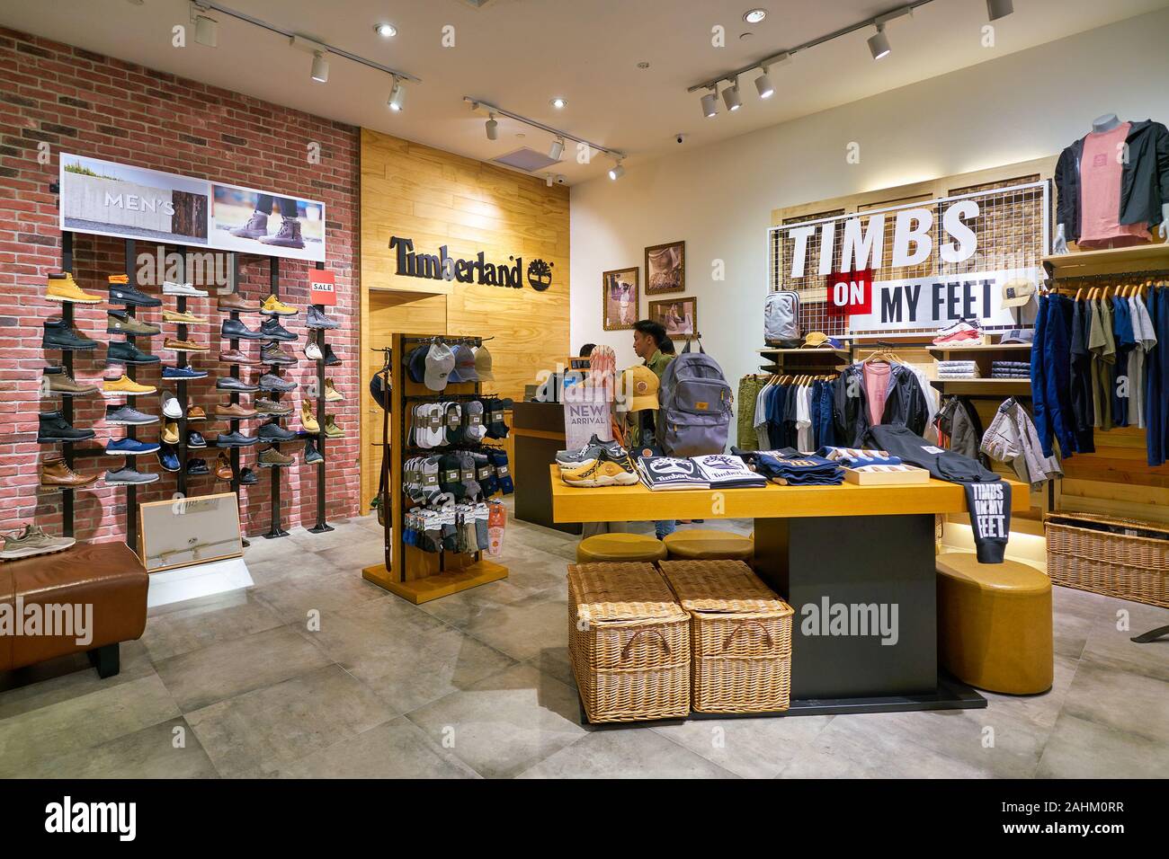 SINGAPORE - 03 APRIL, 2019: interior shot of Timberland store in Singapore.  Timberland LLC is an American manufacturer and retailer of outdoors wear  Stock Photo - Alamy