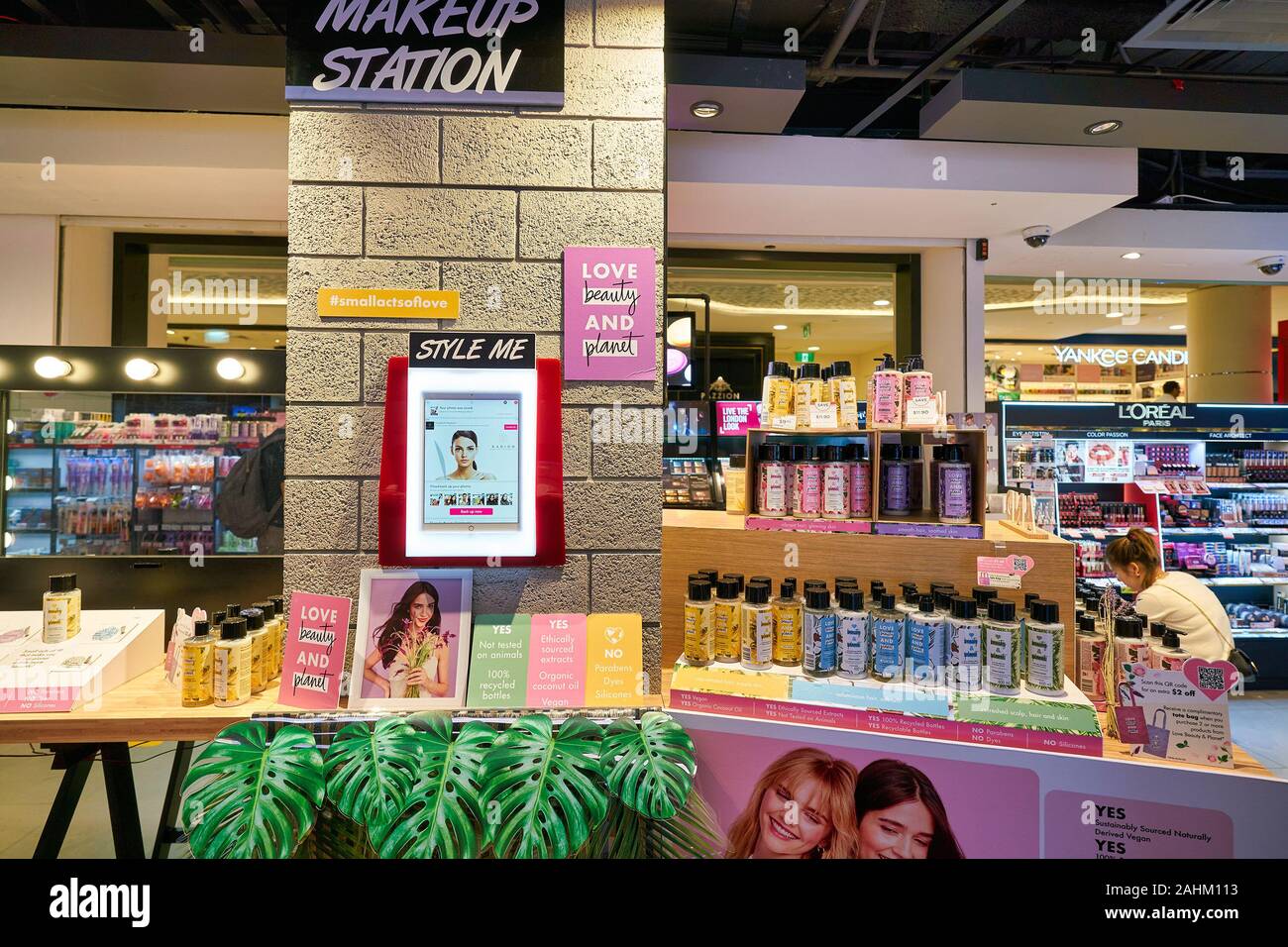 SINGAPORE - APRIL 03, 2019: cosmetics products on display at Watsons store in Singapore. Watsons is the largest health care and beauty care chain stor Stock Photo