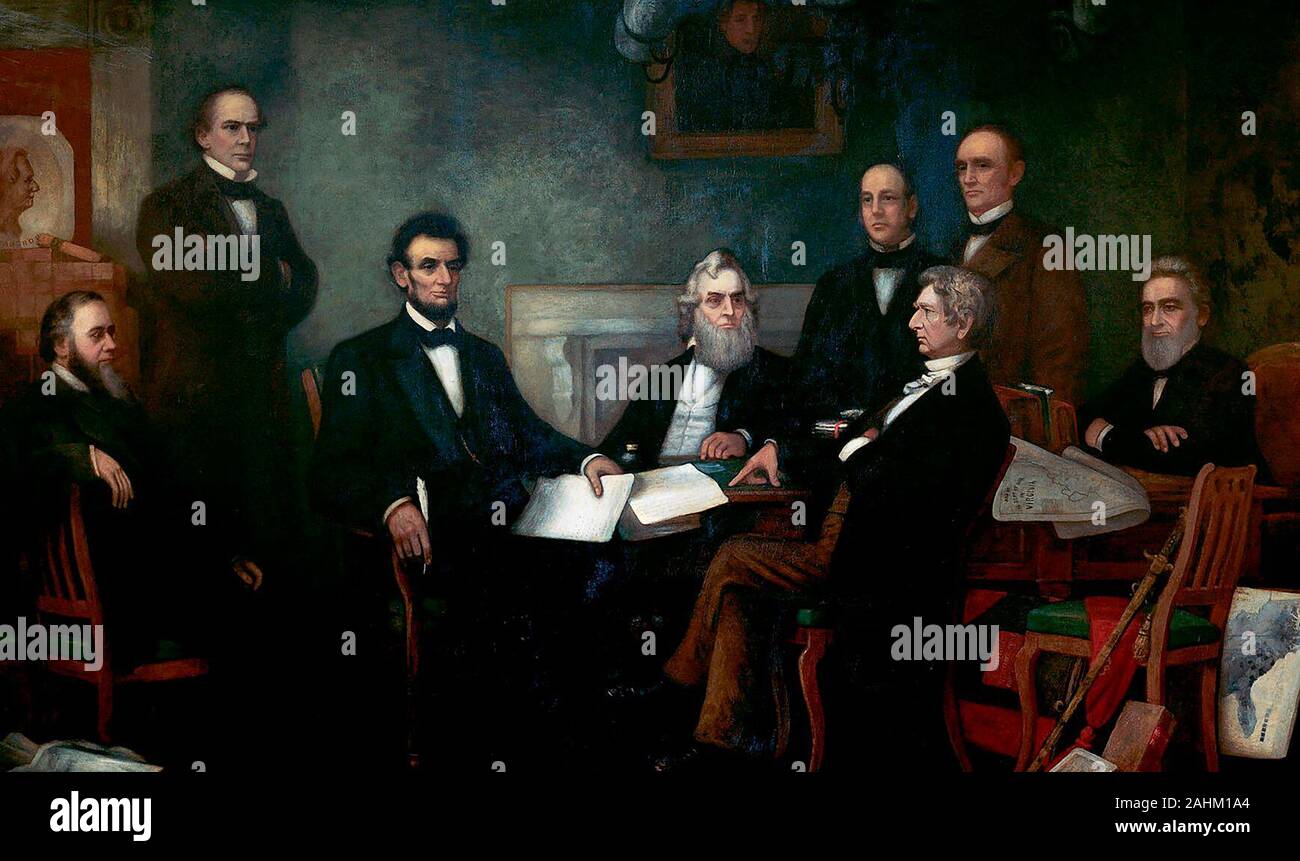 First Reading of the Emancipation Proclamation by President Lincoln - Shown from left to right are: Edwin M. Stanton, secretary of war (seated); Salmon P. Chase, secretary of the treasury (standing); Abraham Lincoln; Gideon Welles, secretary of the navy (seated); Caleb Blood Smith, secretary of the interior (standing); William H. Seward, secretary of state (seated); Montgomery Blair, postmaster general (standing); Edward Bates, attorney general (seated). Francis Bicknell Carpenter, painted 1864 Stock Photo
