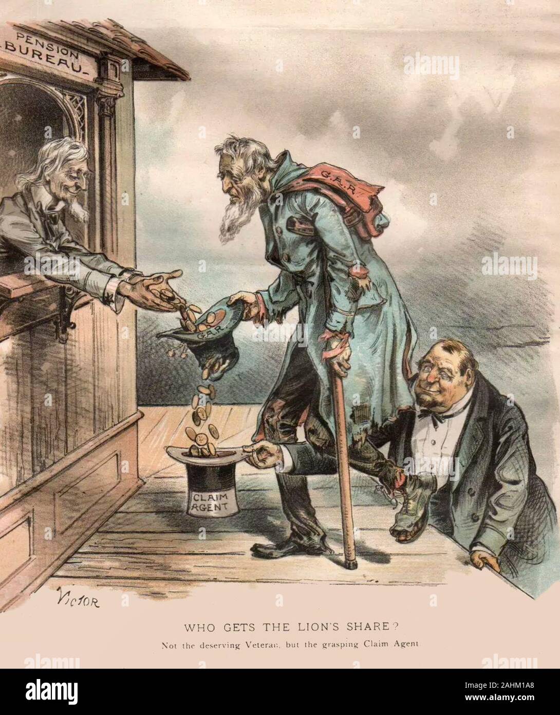 Who gets the Lion's Share? Not the deserving veteran, but the grasping claim agent - Political Cartoon regarding the Pensions Bureau, September 1889 Stock Photo