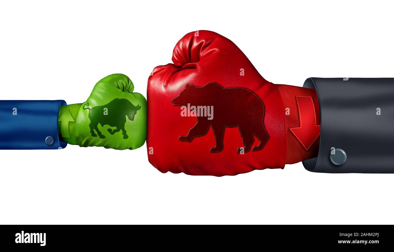 Investing in a bear stock market as a big bearish symbol fighting a small bull icon as a financial and economic battle with strong negative market. Stock Photo