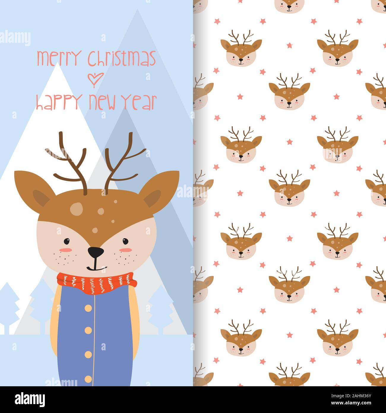 Hand drawn illustration of Cute deer with seamless pattern in the white ...