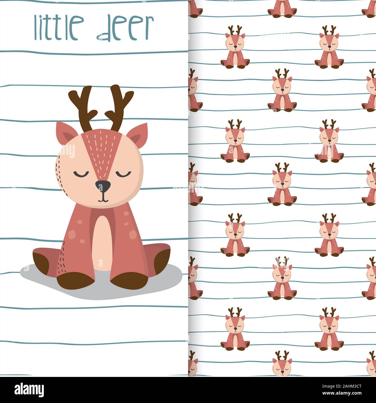 Hand drawn illustration of Cute deer with seamless pattern in the white ...