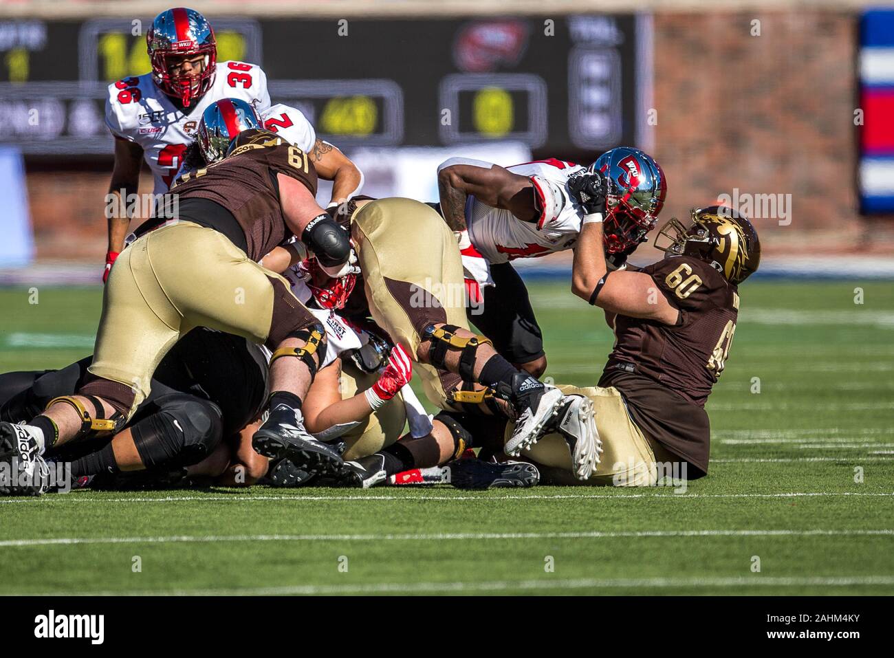 Dallas, Texas, USA. 30th Dec, 2019. Western Michigan Broncos offensive tackle Mark Brooks (60) in action during the Servpro First Responder Bowl game between Western Michigan Broncos and the Western Kentucky Hilltoppers at the gerald Ford Stadiuml Stadium in Dallas, Texas. Credit: Dan Wozniak/ZUMA Wire/Alamy Live News Stock Photo