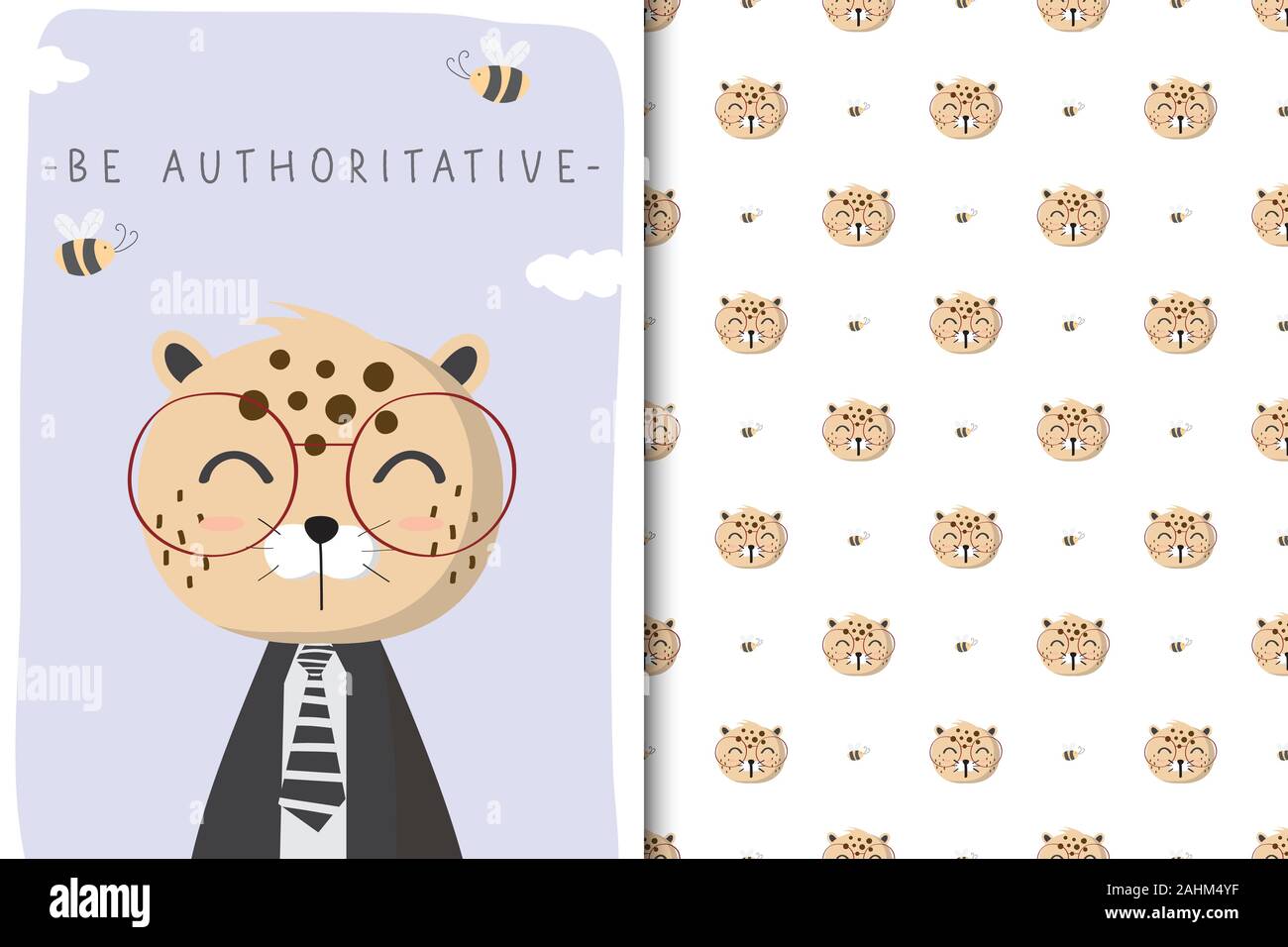 Cute leopard illustration with seamless pattern in the white backdrop Stock Vector