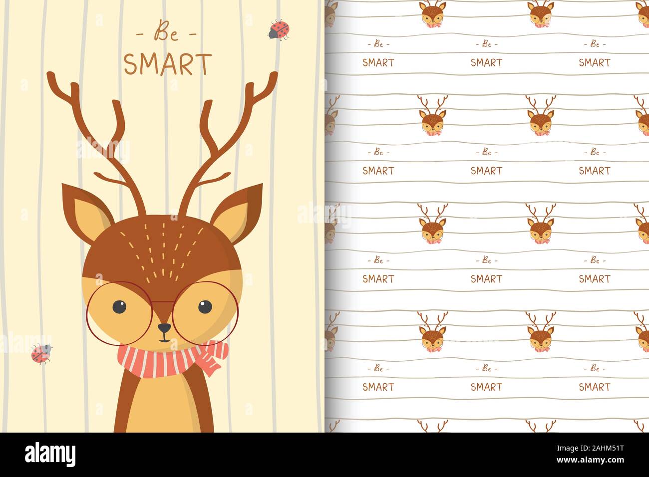 Cute deer illustration with seamless pattern in the white backdrop Stock Vector