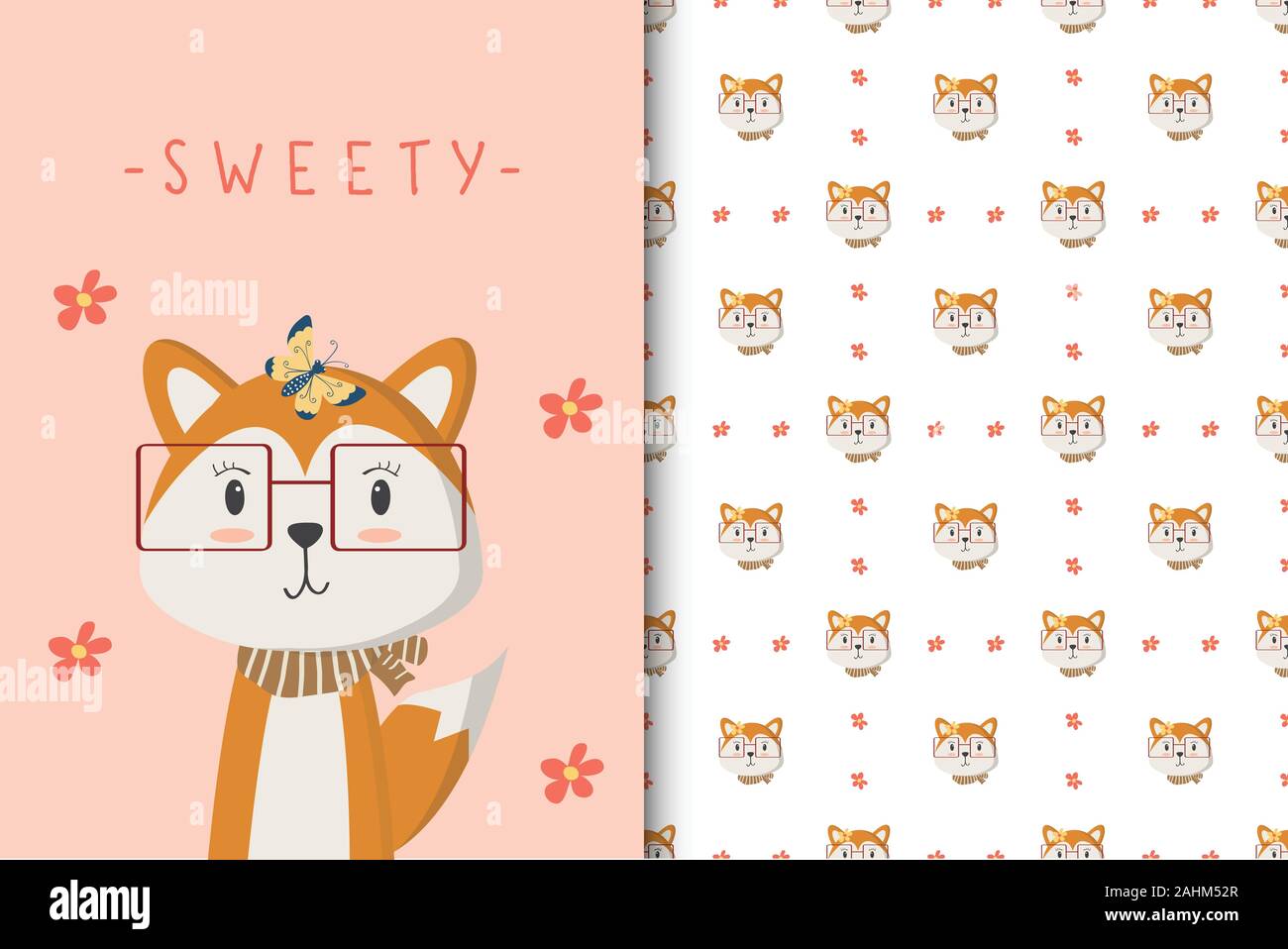 Cute fox illustration with seamless pattern in the white backdrop Stock Vector