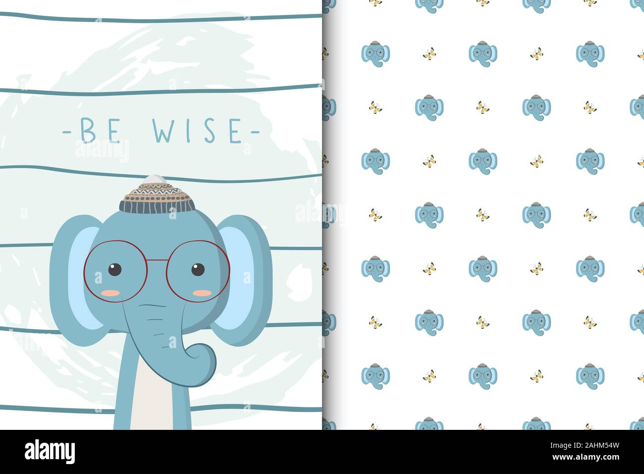Cute elephant illustration with seamless pattern in the white backdrop Stock Vector