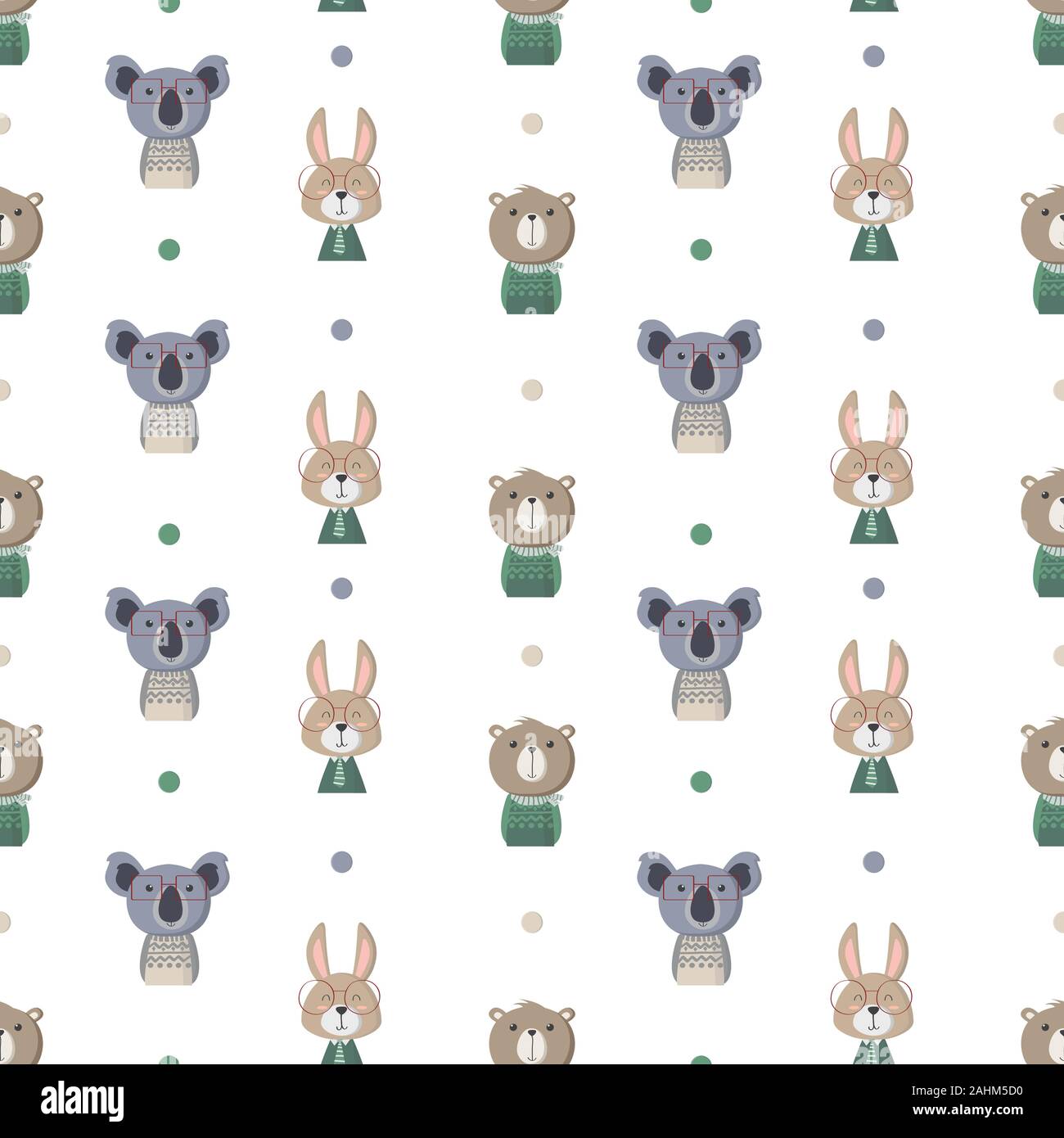 Seamless Pattern with cute animals in the white backdrop Stock Vector
