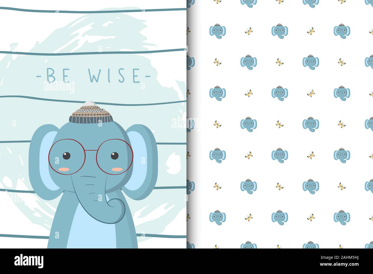 Cute elephant illustration with seamless pattern in the white backdrop Stock Vector