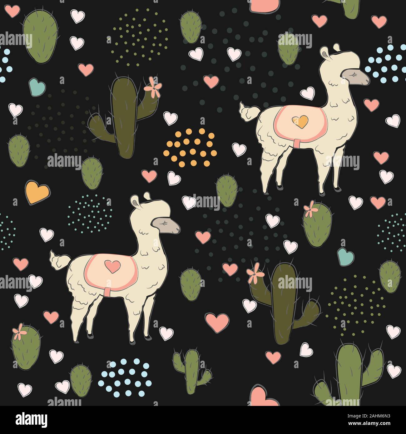 Seamless Alpaca Pattern with cacti, hearts and dots on dark background ...