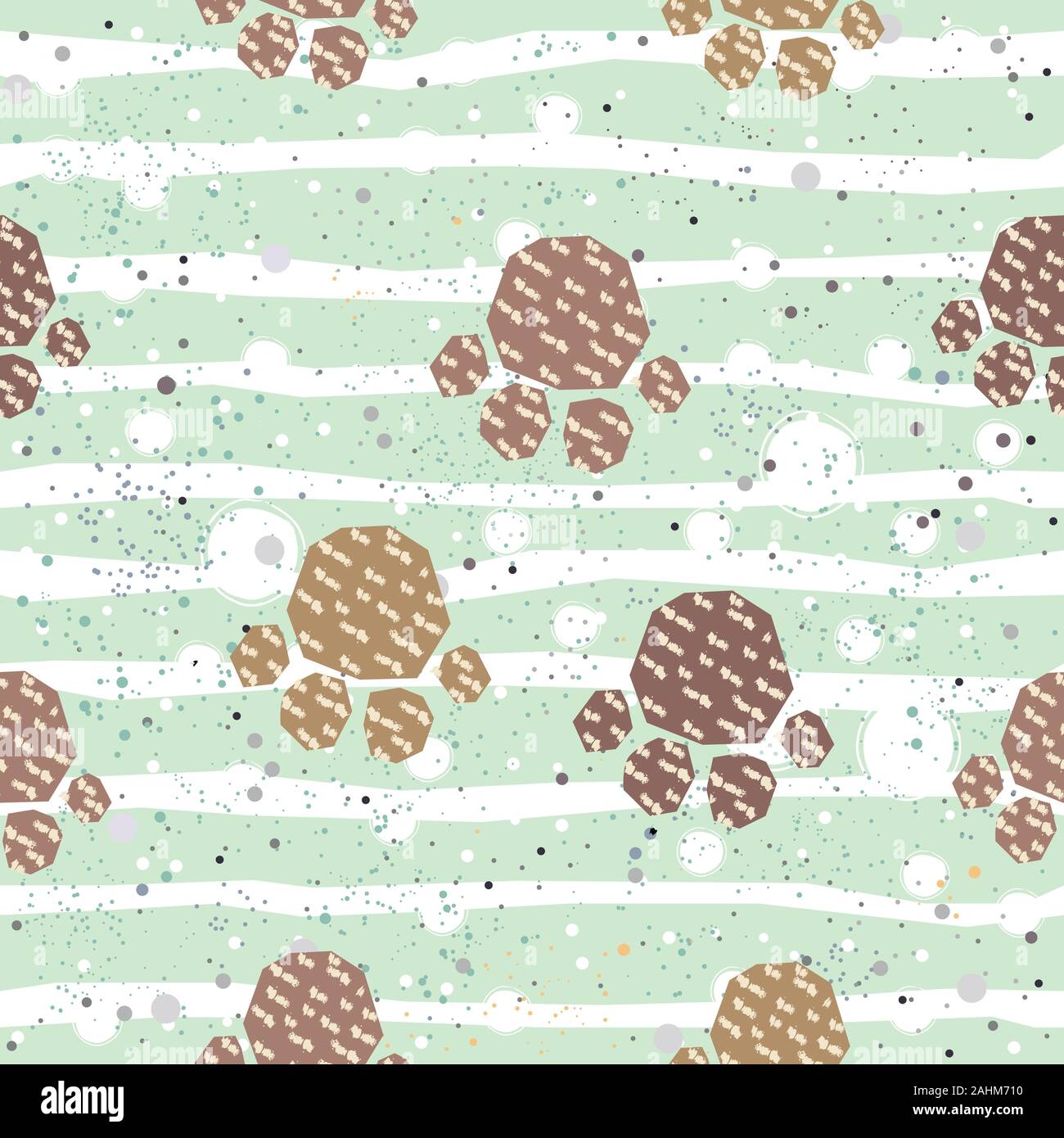 Cute Pattern with Golden dog paws with pastel blue stripes on beige background with tiny dots. Hand Drawn Design. Great for wall art design, gift pape Stock Vector