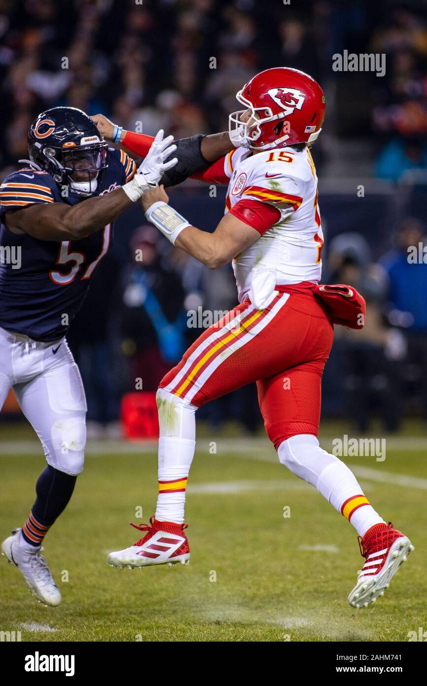 Chicago, Illinois, USA. 22nd Dec, 2019. - Bears #57 Kevin Pierre-Louis puts pressure on Chiefs Quarterback #15 Patrick Mahomes during the NFL Game between the Kansas City Chiefs and Chicago Bears at Soldier Field in Chicago, IL. Photographer: Mike Wulf. Credit: csm/Alamy Live News Stock Photo