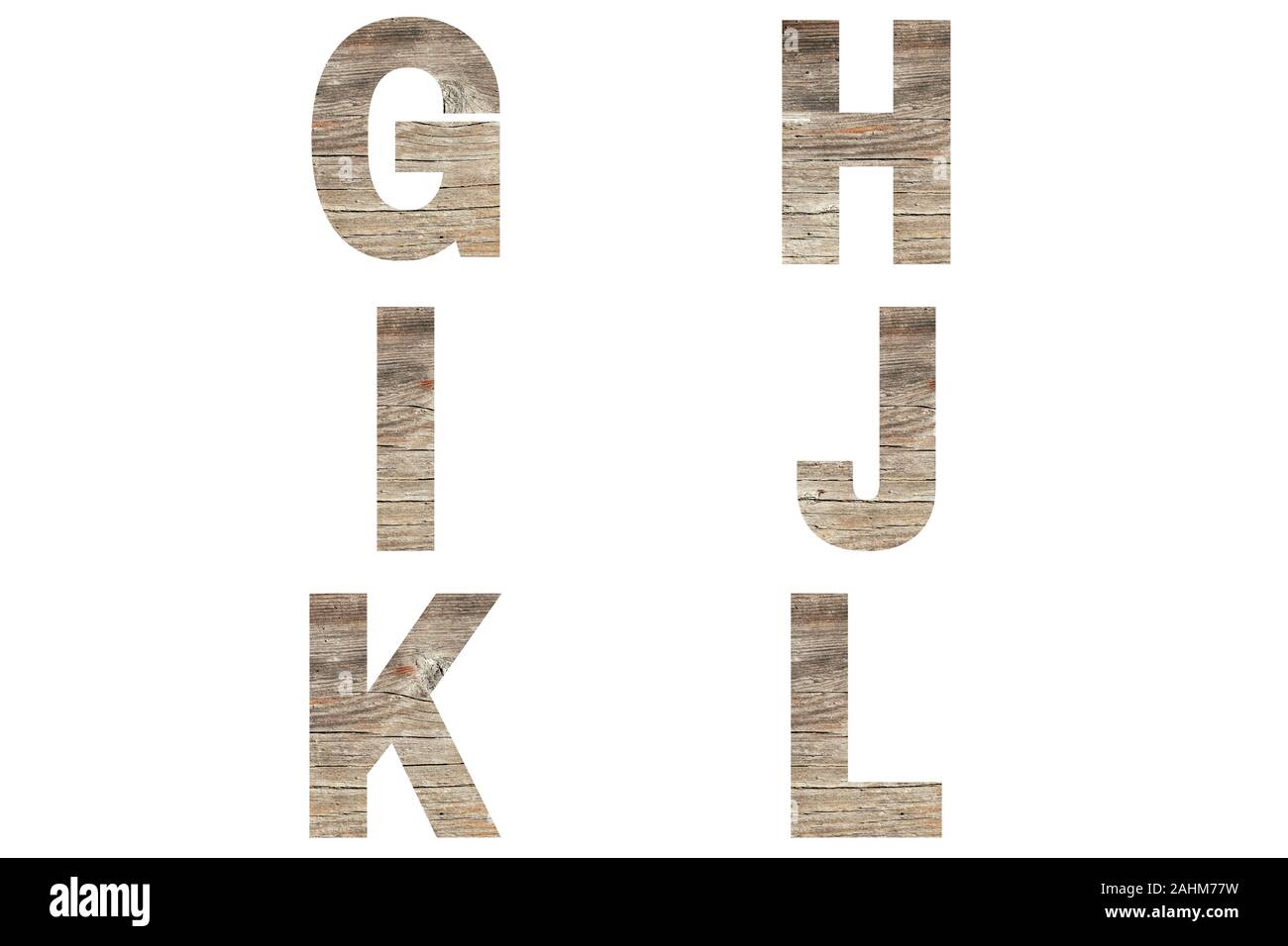Font wood alphabet g, h, i, j, k, l isolated on white background. Nature concept. Stock Photo