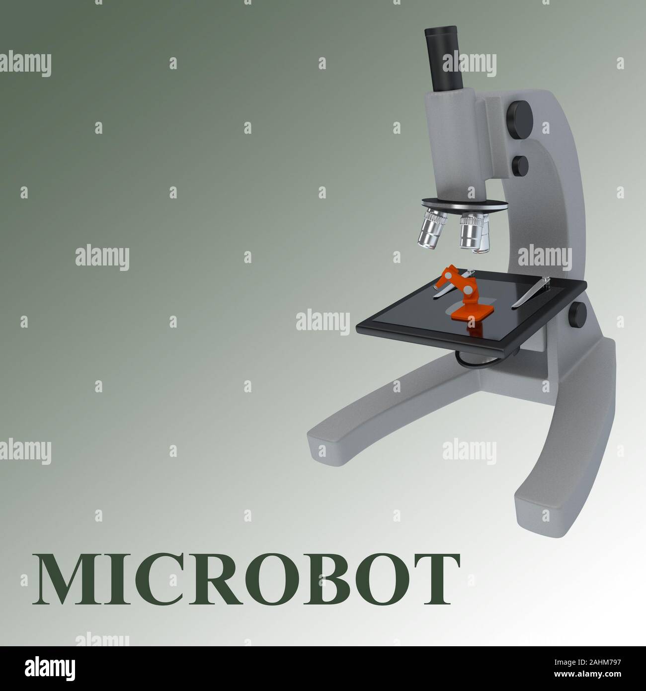 3D illustration of a microscope with microbot and MICROBOT title, isolated on a green gradient. Stock Photo