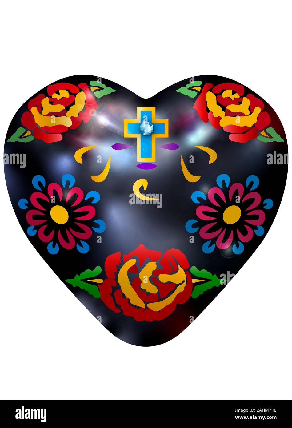 Day of the Dead colorful black heart decorated with flowers and crucifix, clipping path Stock ...