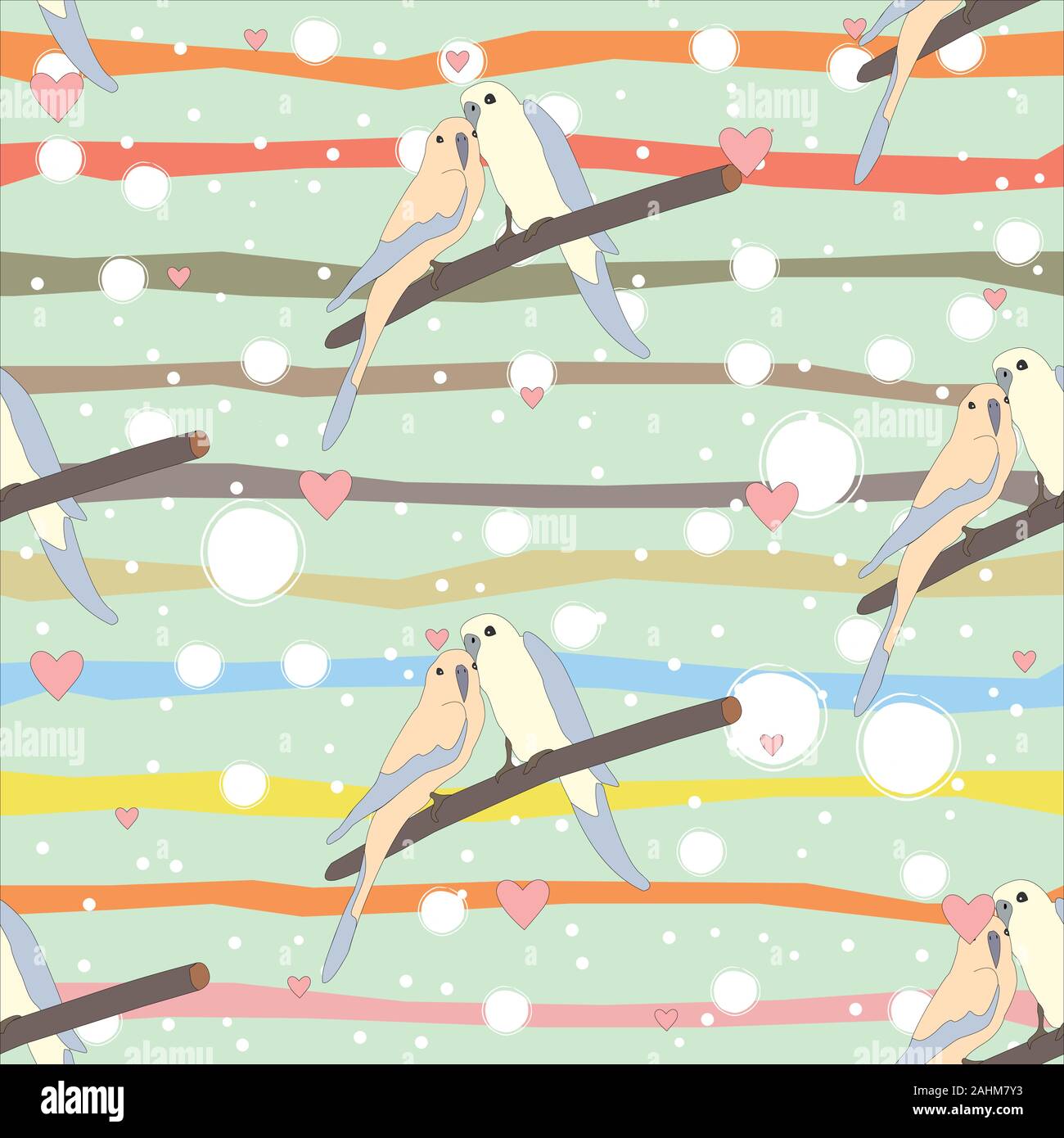 Seamless pattern with a cute couple of birds sitting on branch. Vector ...