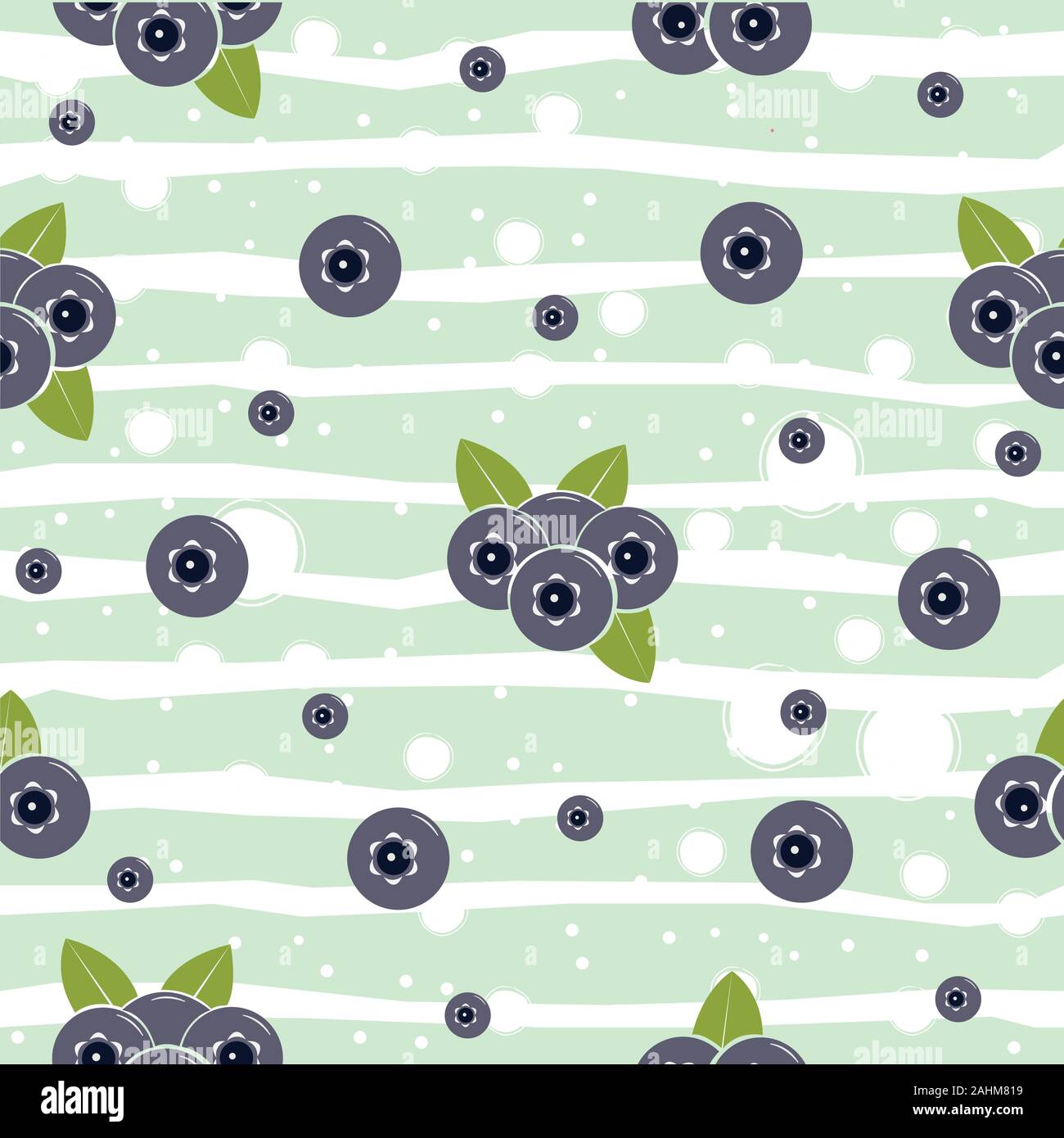 Seamless pattern with blueberries and leaves on white background. Flat vector Illustration Stock Vector