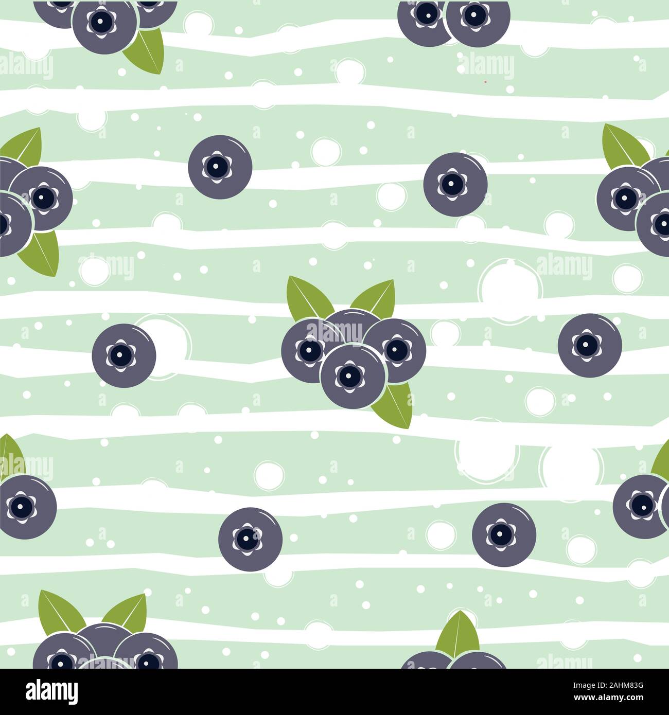 Seamless pattern with blueberries and leaves on white background. Flat vector Illustration Stock Vector