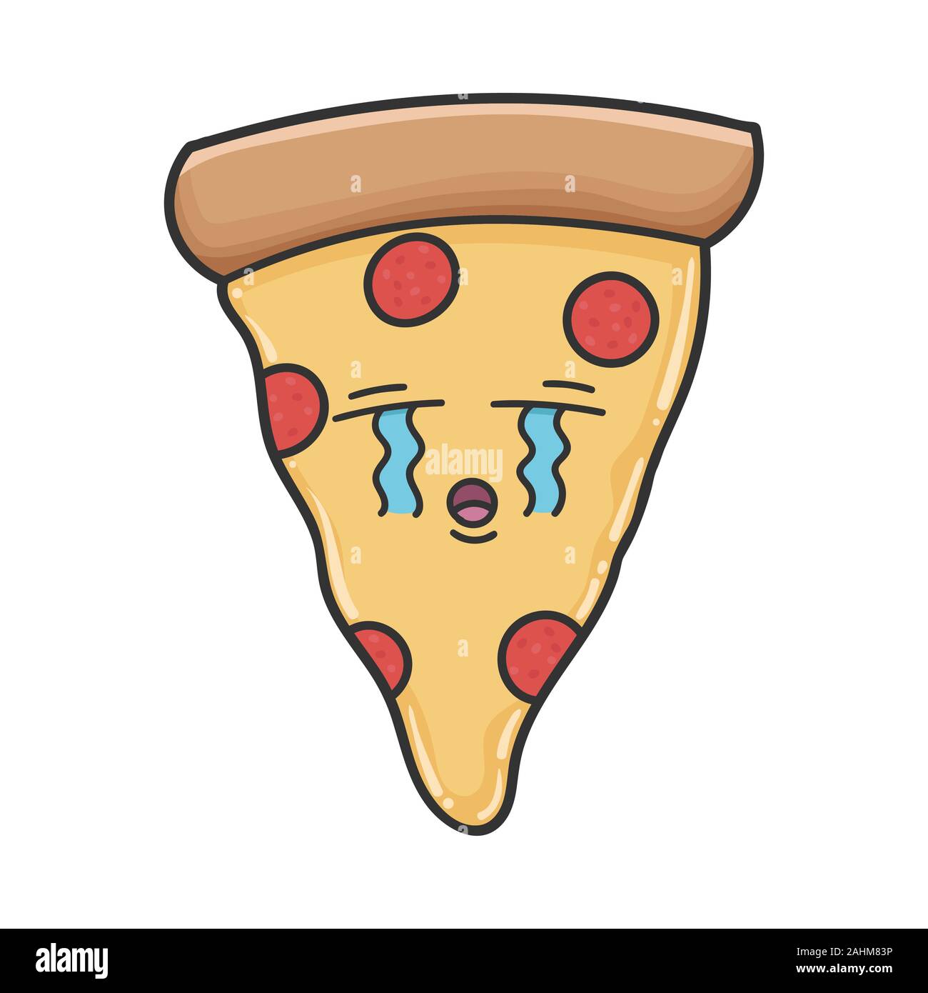 Sad crying slice of pizza cartoon isolated on white Stock Vector