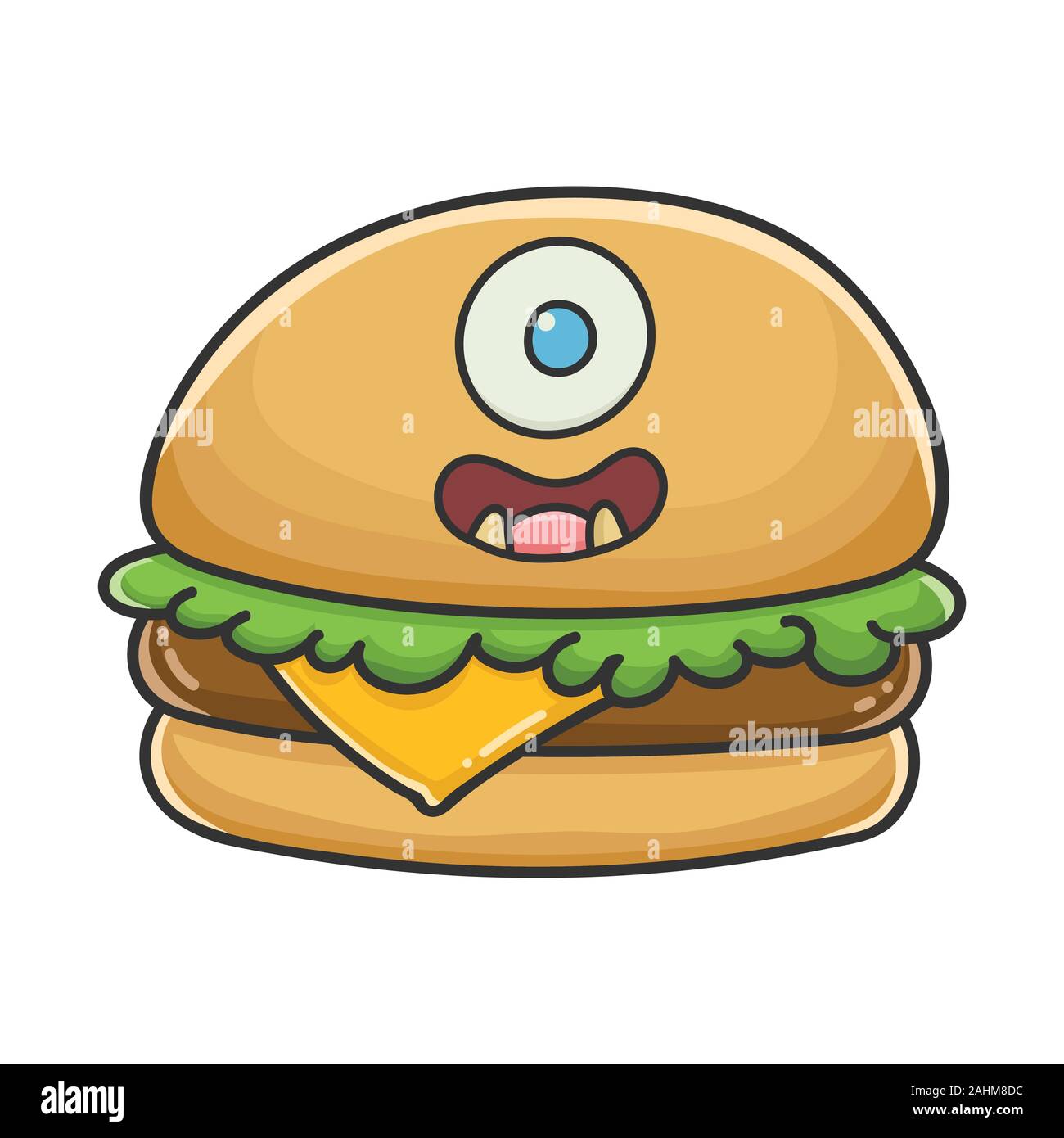 Monster smiling cheese burger cartoon illustration isolated on white Stock Vector