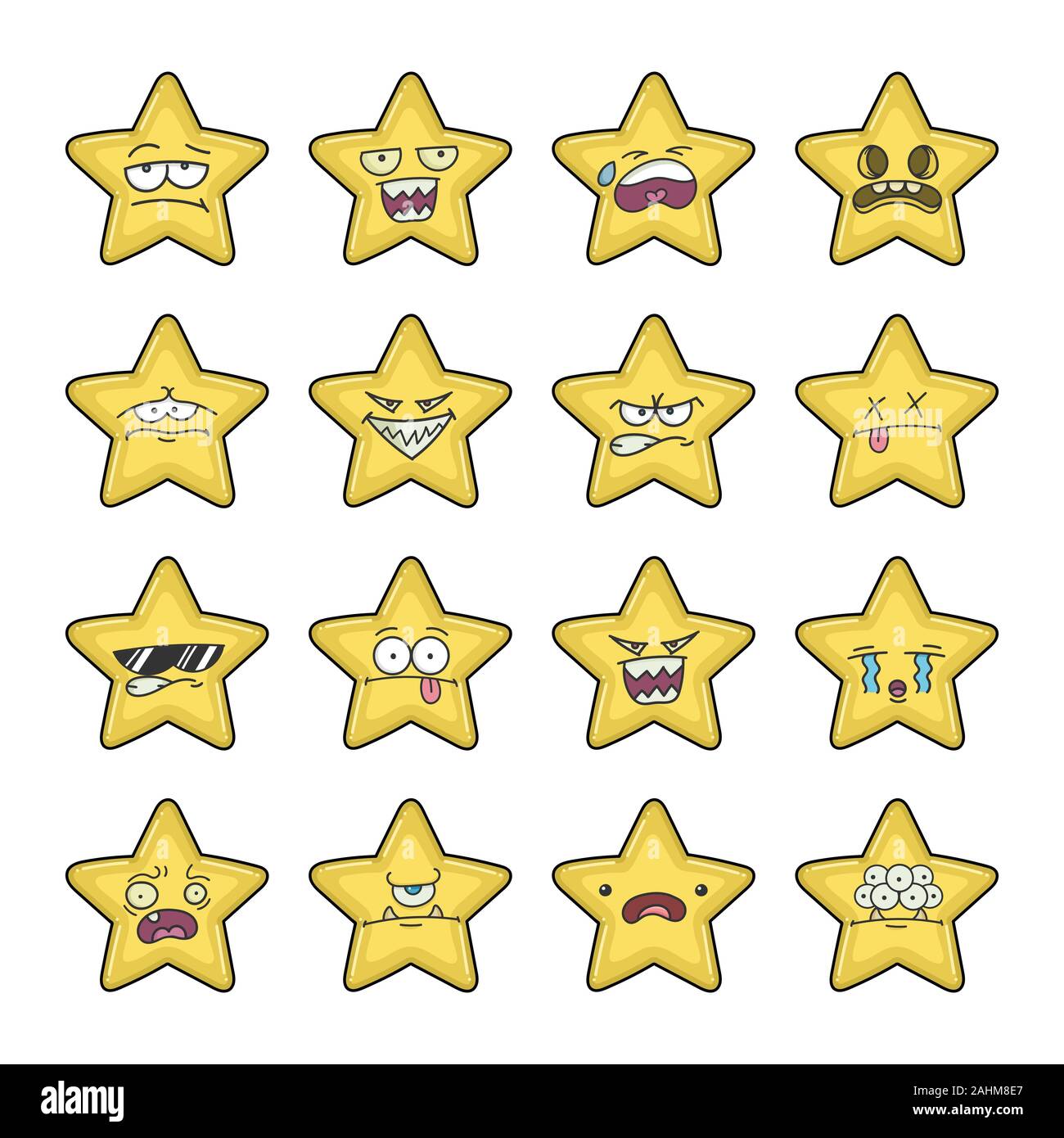 Collection of yellow stars emoticons cartoons isolated on white Stock Vector