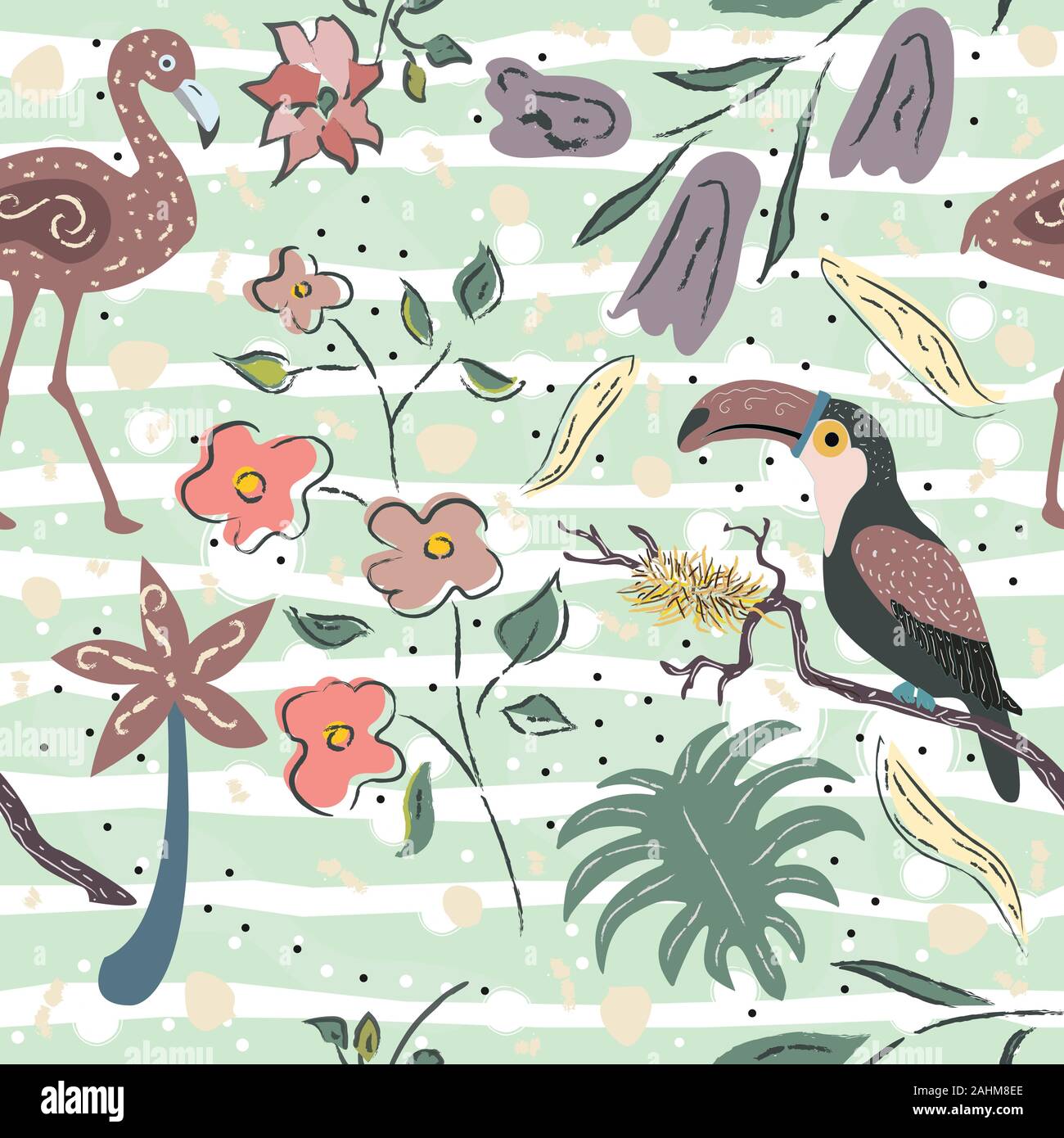 Creative Summer Pattern with exotic birds on background with exotic plants, palm and flowers. Vector Illustration Stock Vector