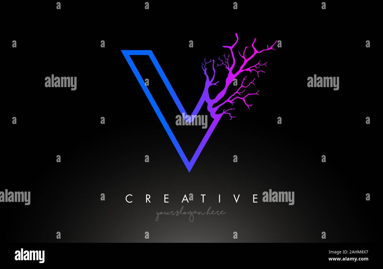 Tree Letter V Design Logo with Purple Blue Tree Branch. V Letter Tree ...