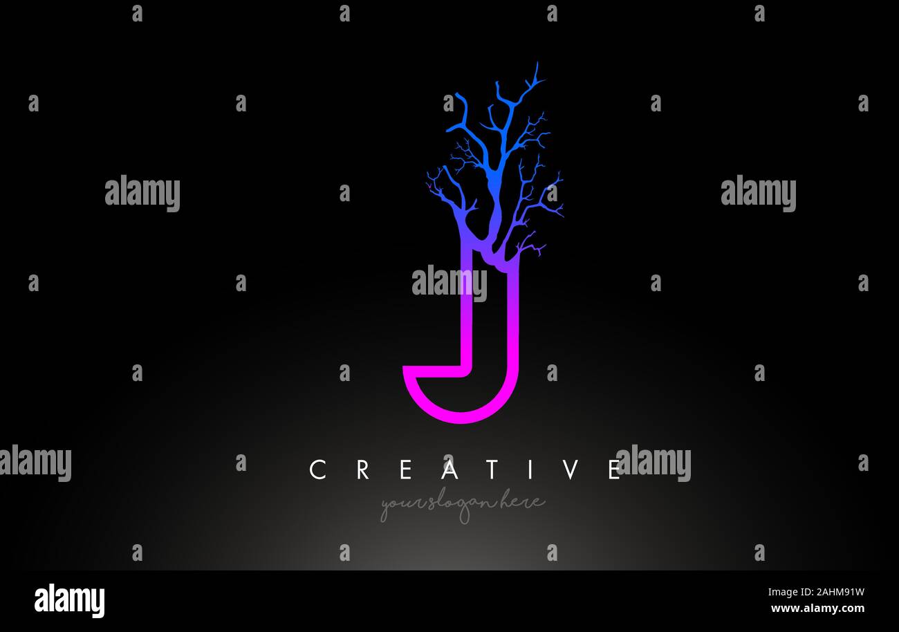 Tree Letter J Design Logo with Purple Blue Tree Branch. J Letter Tree Icon Logo Vector Illustration. Stock Vector