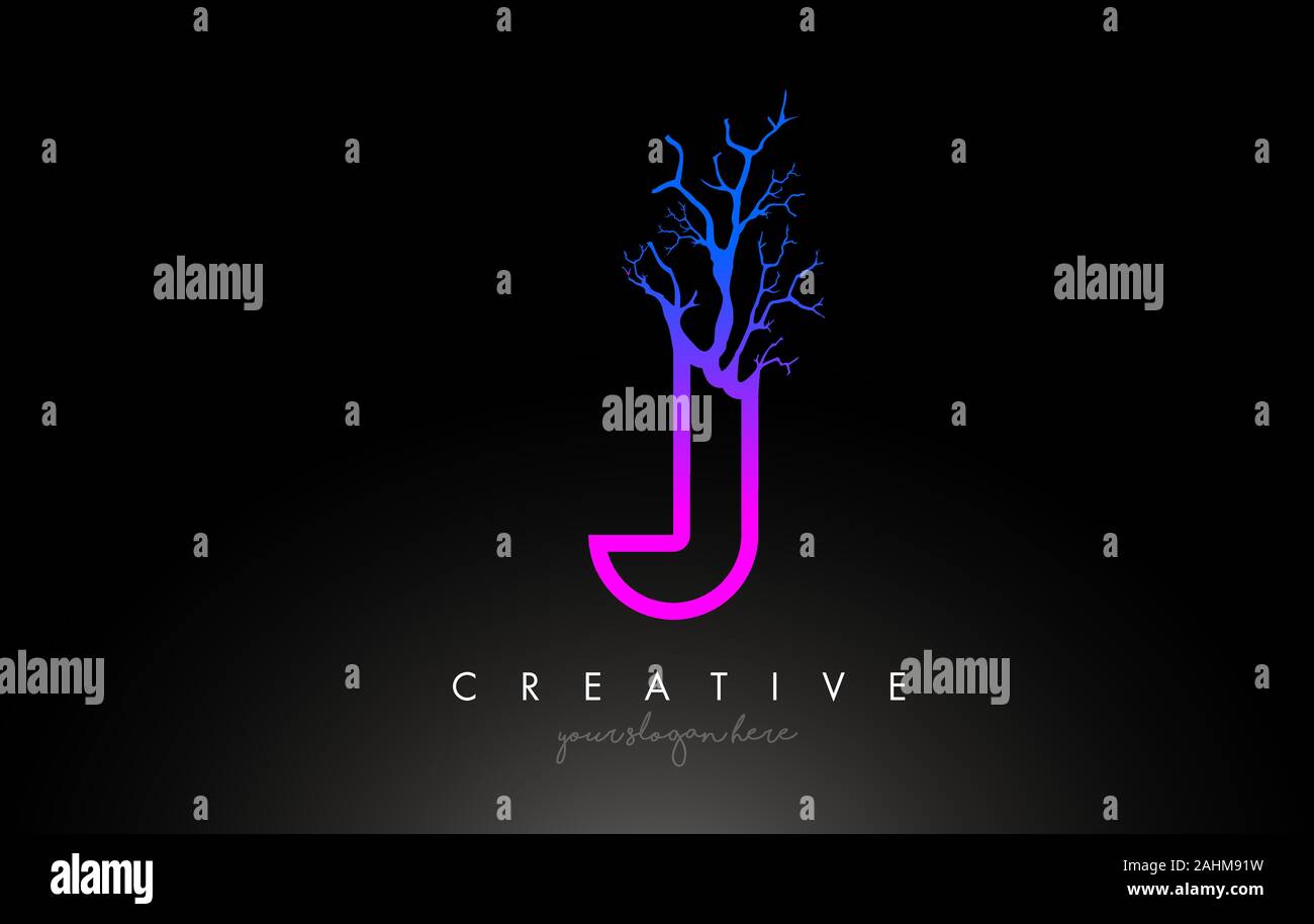 Tree Letter J Design Logo with Purple Blue Tree Branch. J Letter Tree ...