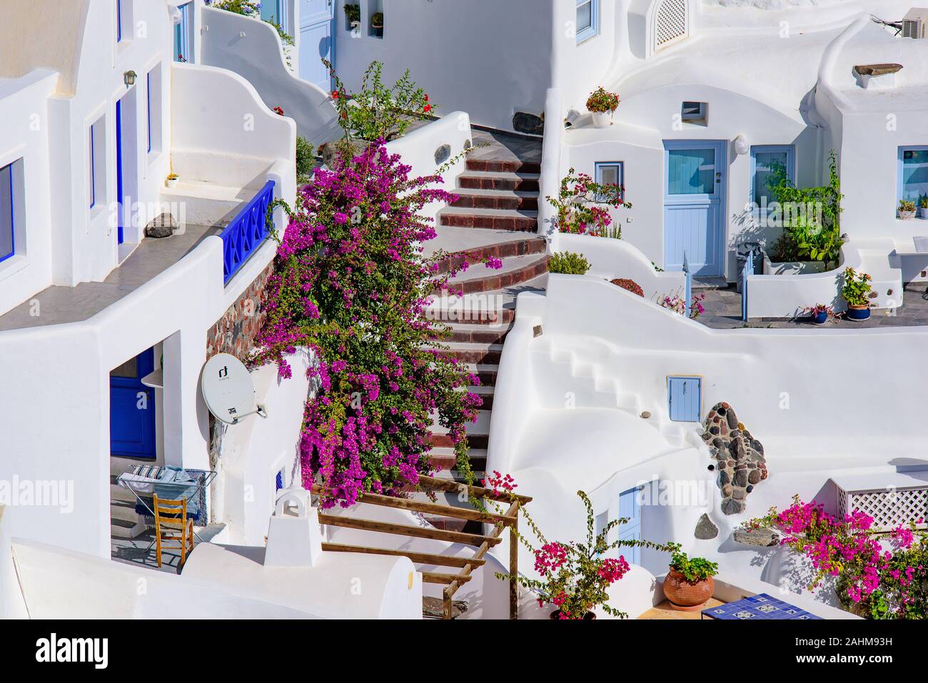 Stairs along the hills in Oia, Santorini, Greece Stock Photo