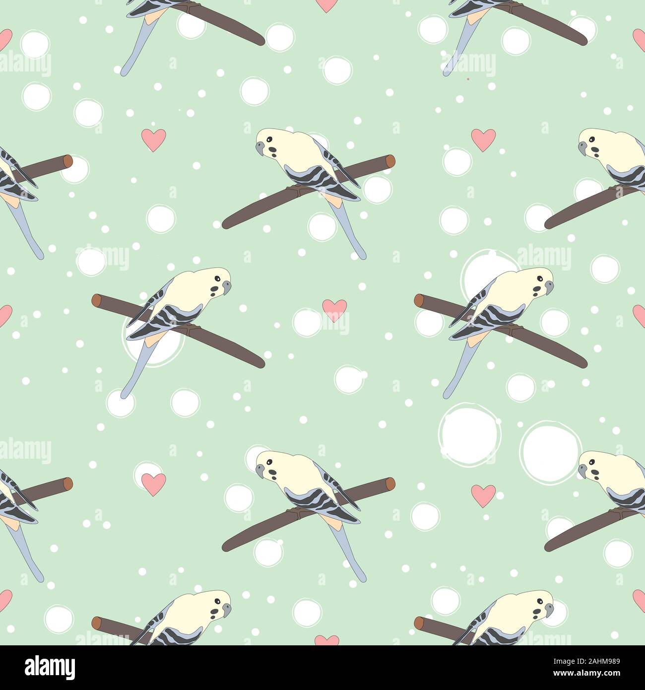 Seamless hand drawn pattern with beautiful couple of birds and hearts ...