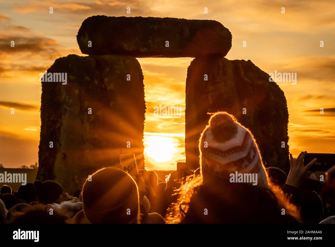 Winter Solstice celebrations at Stonehenge. Thousands of revellers including modern day druids