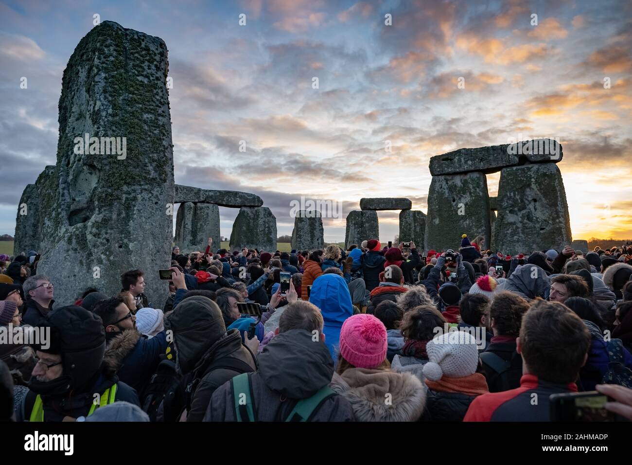Winter Solstice celebrations at Stonehenge. Thousands of revellers including modern day druids