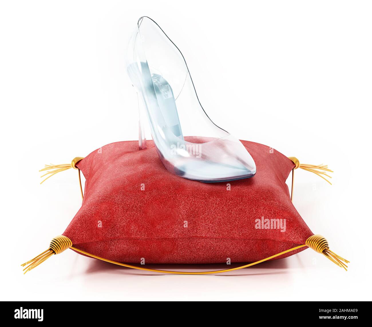 Single glass shoe standing on red velvet cushion. 3D illustration. Stock Photo