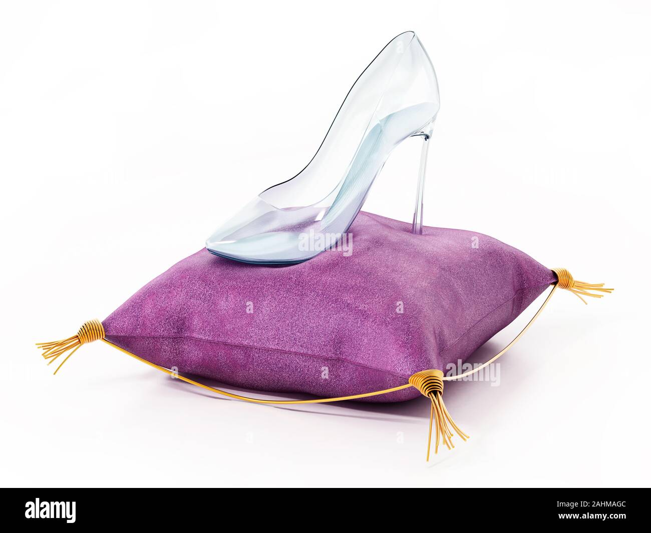 Single glass shoe standing on violet velvet cushion. 3D illustration. Stock Photo