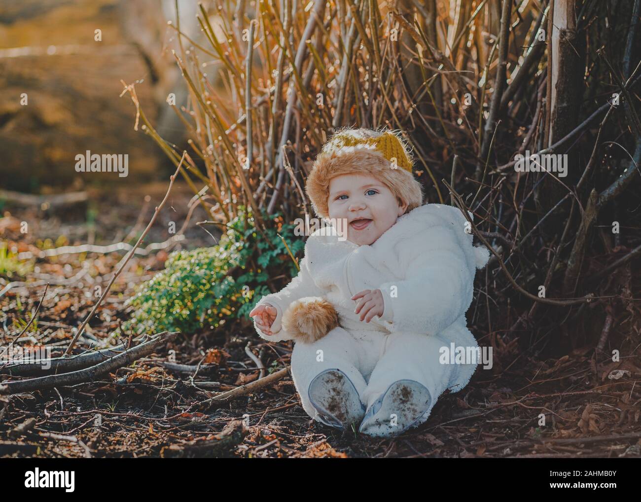Little boy dressed as Max from Where The Wild Things Are in the woods Stock Photo