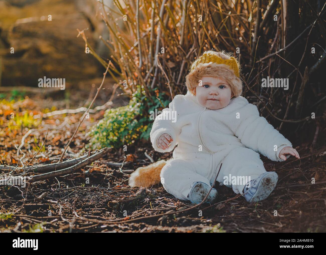 Little boy dressed as Max from Where The Wild Things Are in the woods Stock Photo