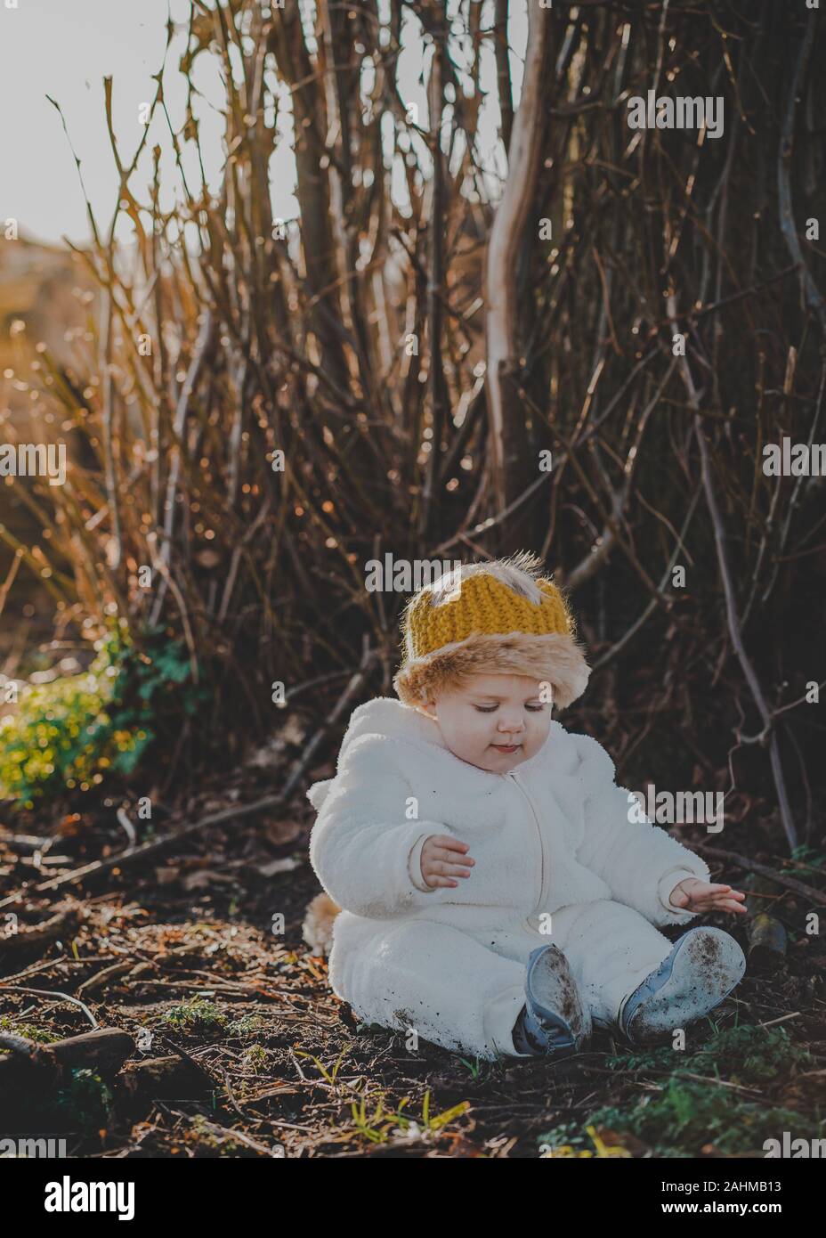 Little boy dressed as Max from Where The Wild Things Are in the woods Stock Photo