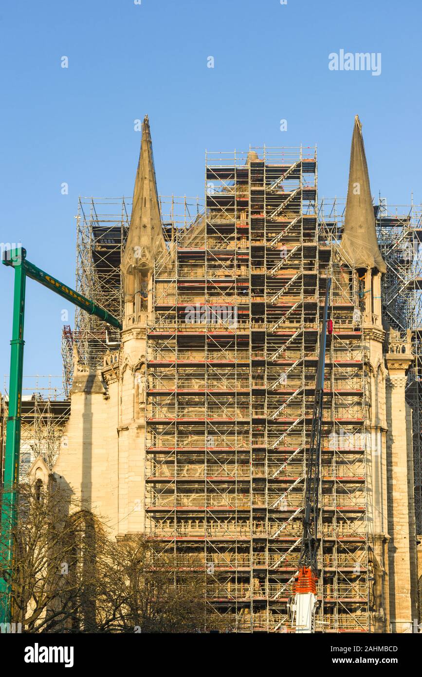 Exterior of Cathédrale NotreDame de Paris with scaffolding under