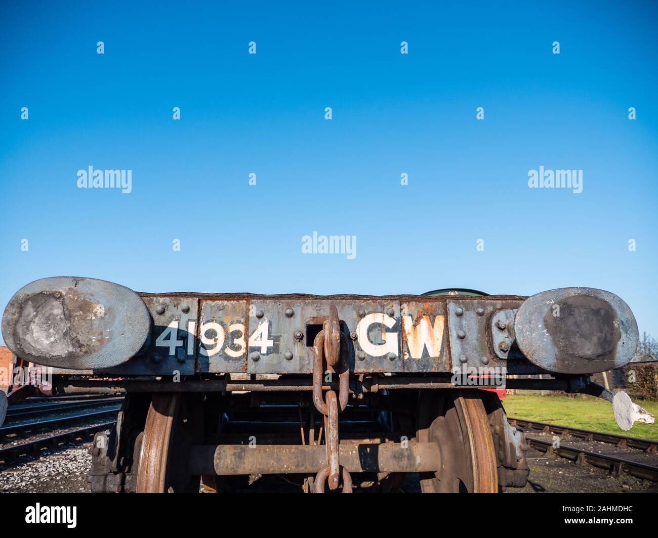 No 41934 - Bogie Well Wagon “Crocodile F”, Abandoned at Dunkirk, Reclaimed at D Day, Didcot Railway Centre, Didcot, Oxfordshire, England, UK, GB. Stock Photo