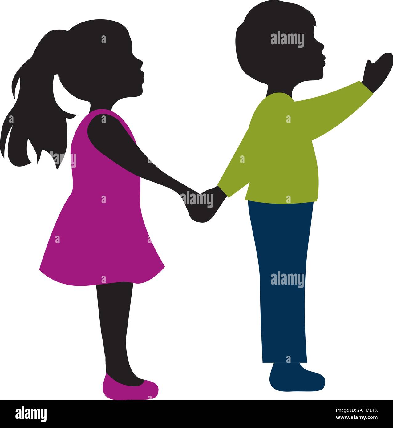 Little boy and girl standing holding hands, vector illustration Stock ...