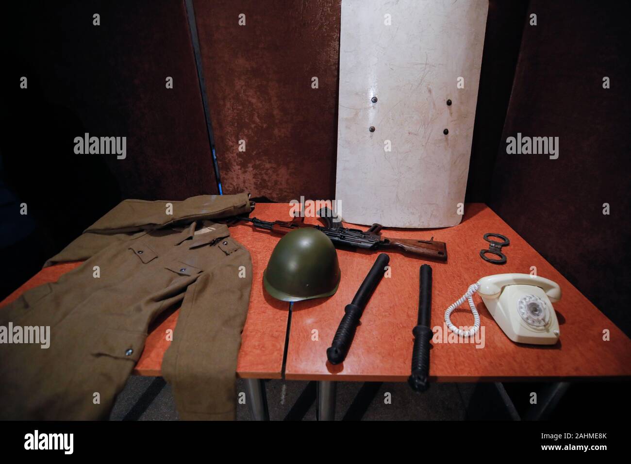 Kit of a guardian in the Romanian Securitate dungeons, where the political prisoners were held captive, from the former communist Romania, in Buchares Stock Photo